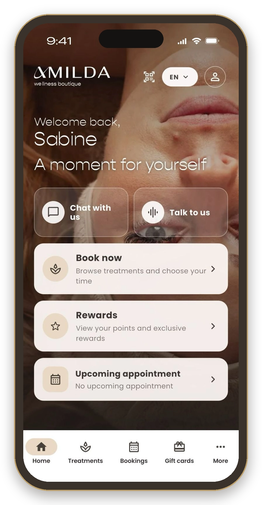 Het startscherm van de Amilda App met Boek nu, Rewards en je afspraken